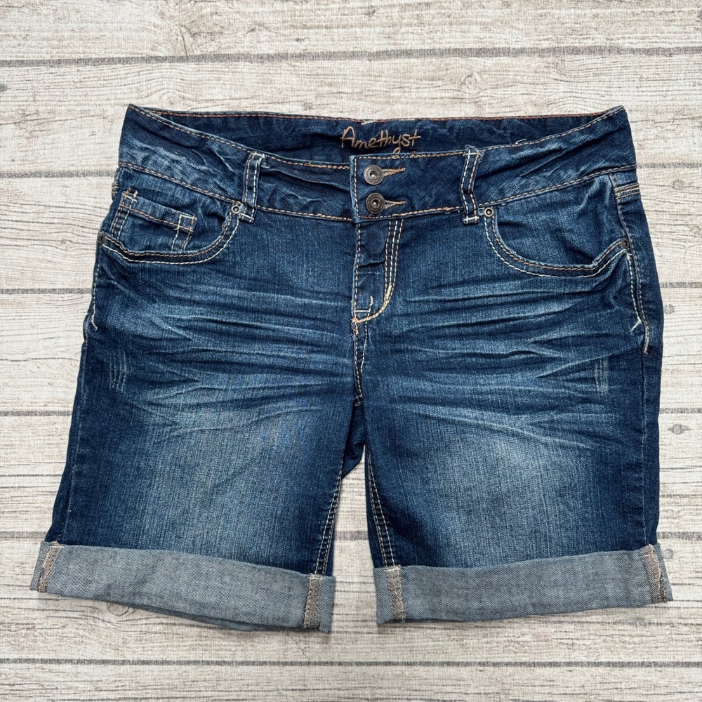 Amethyst Jean Shorts Women's 9 Blue Dark Wash Cuffed Embellished Pockets Summer